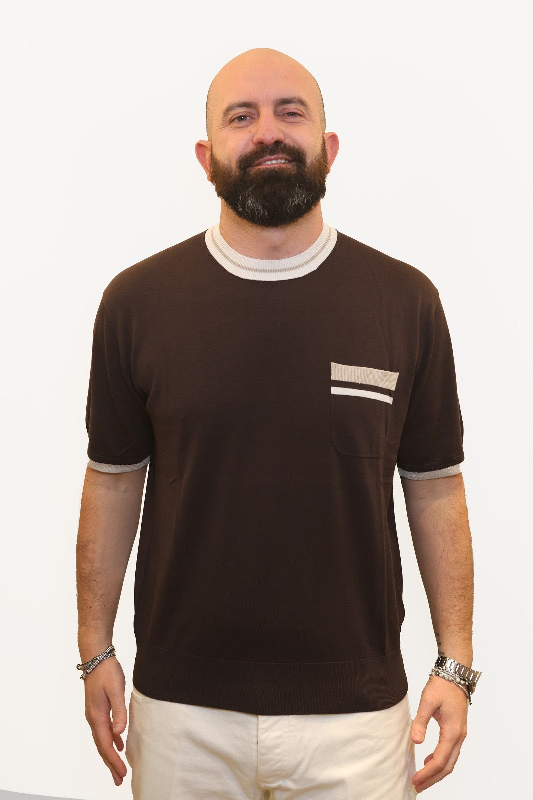 PAOLO PECORA T-SHIRT CON PROFILI A CONTRASTO IN SETA-COTONE TESTA DI MORO