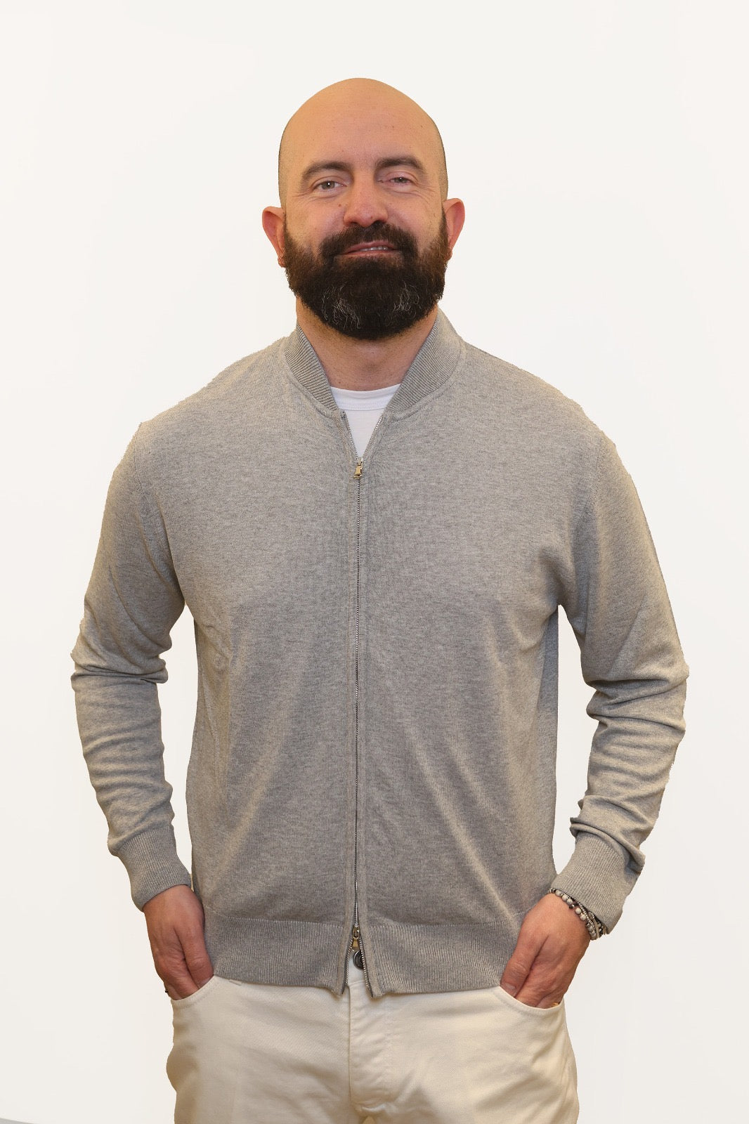 RETOIS CARDIGAN CON ZIP IN COTONE GRIGIO