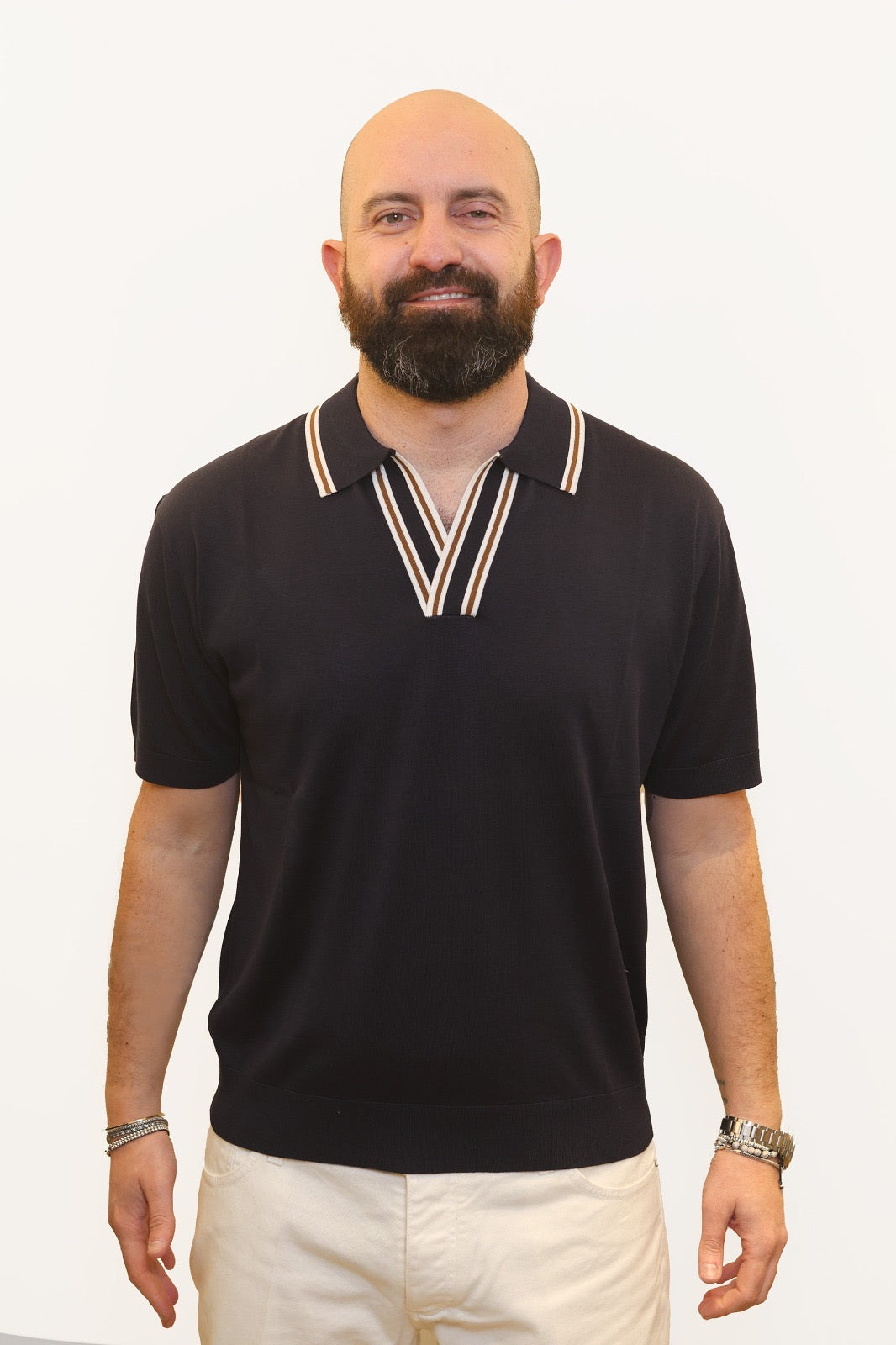 PAOLO PECORA POLO DERBY IN COTONE E SETA BLU