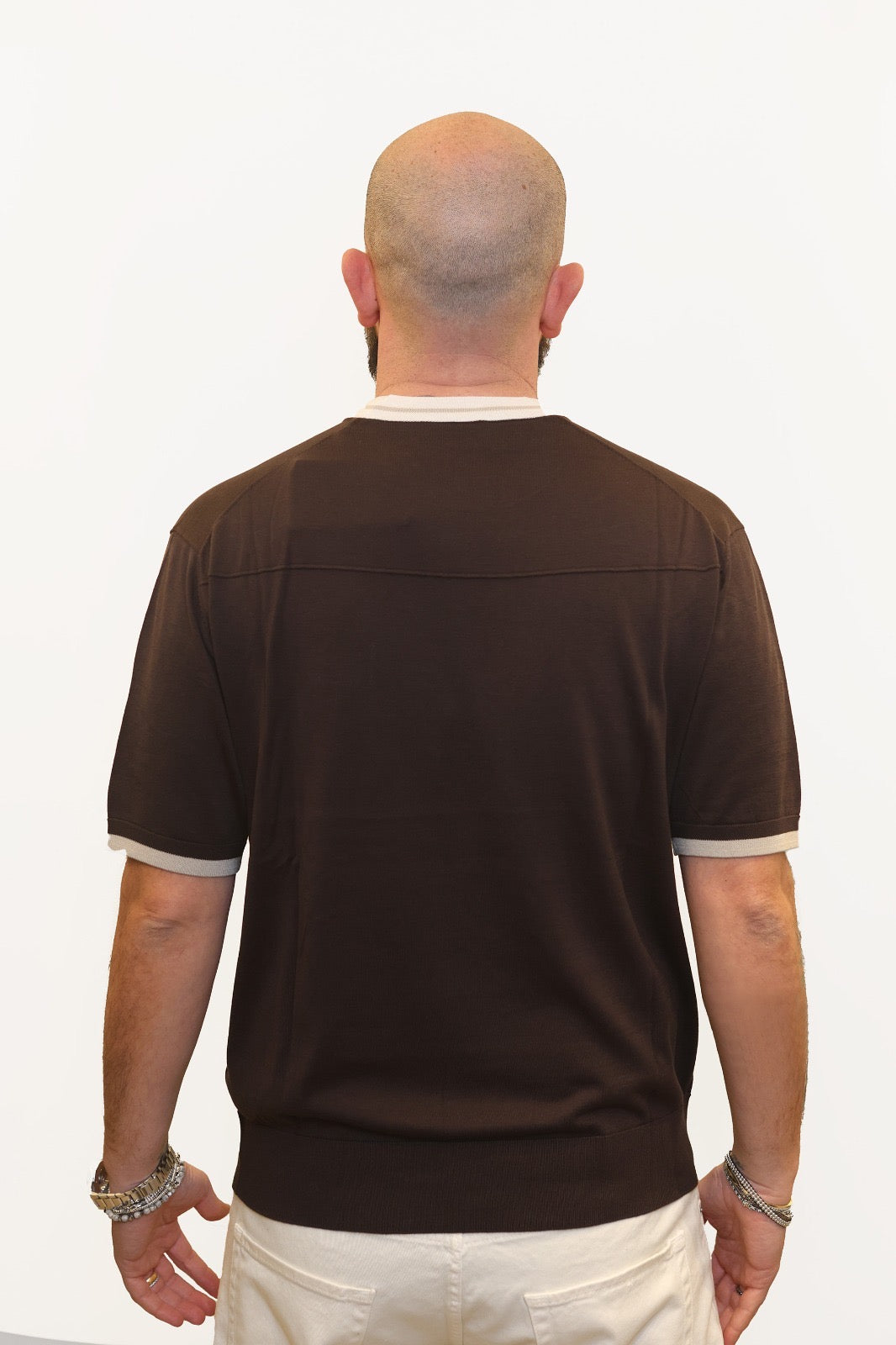 PAOLO PECORA T-SHIRT CON PROFILI A CONTRASTO IN SETA-COTONE TESTA DI MORO