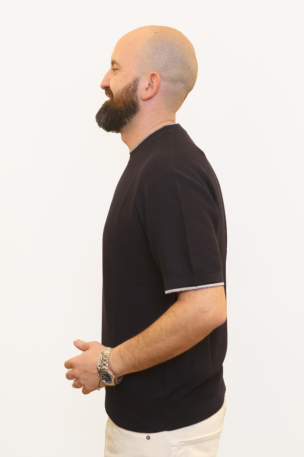 PAOLO PECORA T-SHIRT MICRO-TRAMA IN COTONE BLU NAVY