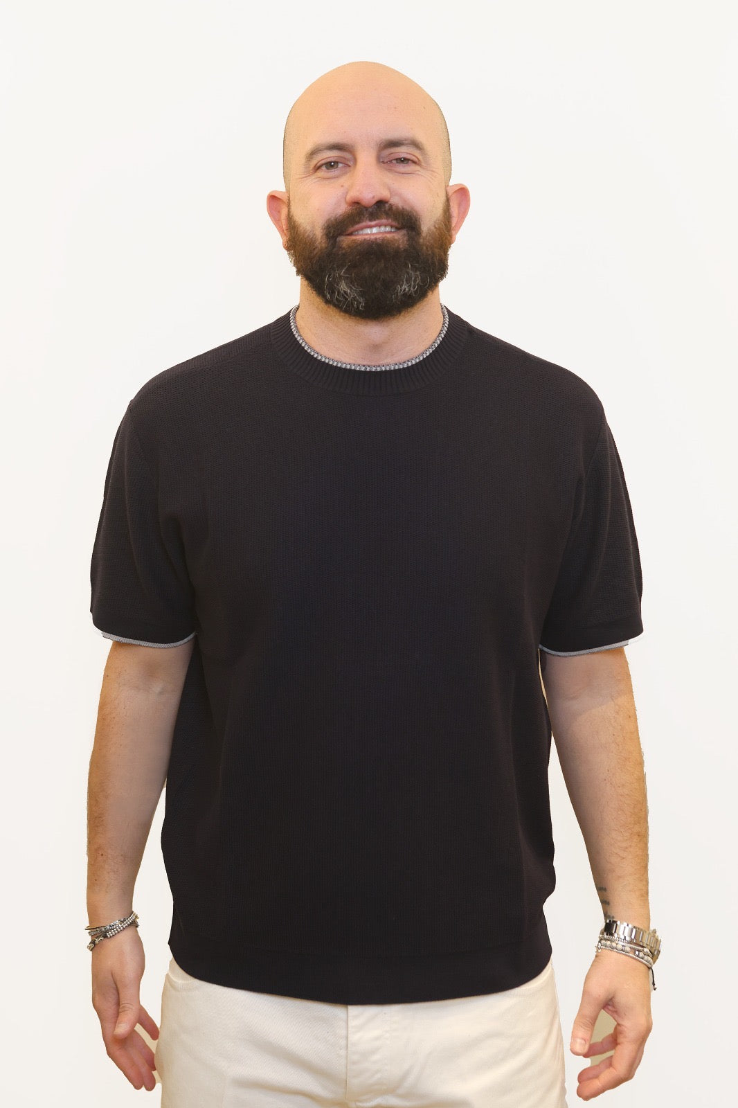 PAOLO PECORA T-SHIRT MICRO-TRAMA IN COTONE BLU NAVY