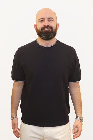 PAOLO PECORA T-SHIRT MICRO-TRAMA IN COTONE BLU NAVY