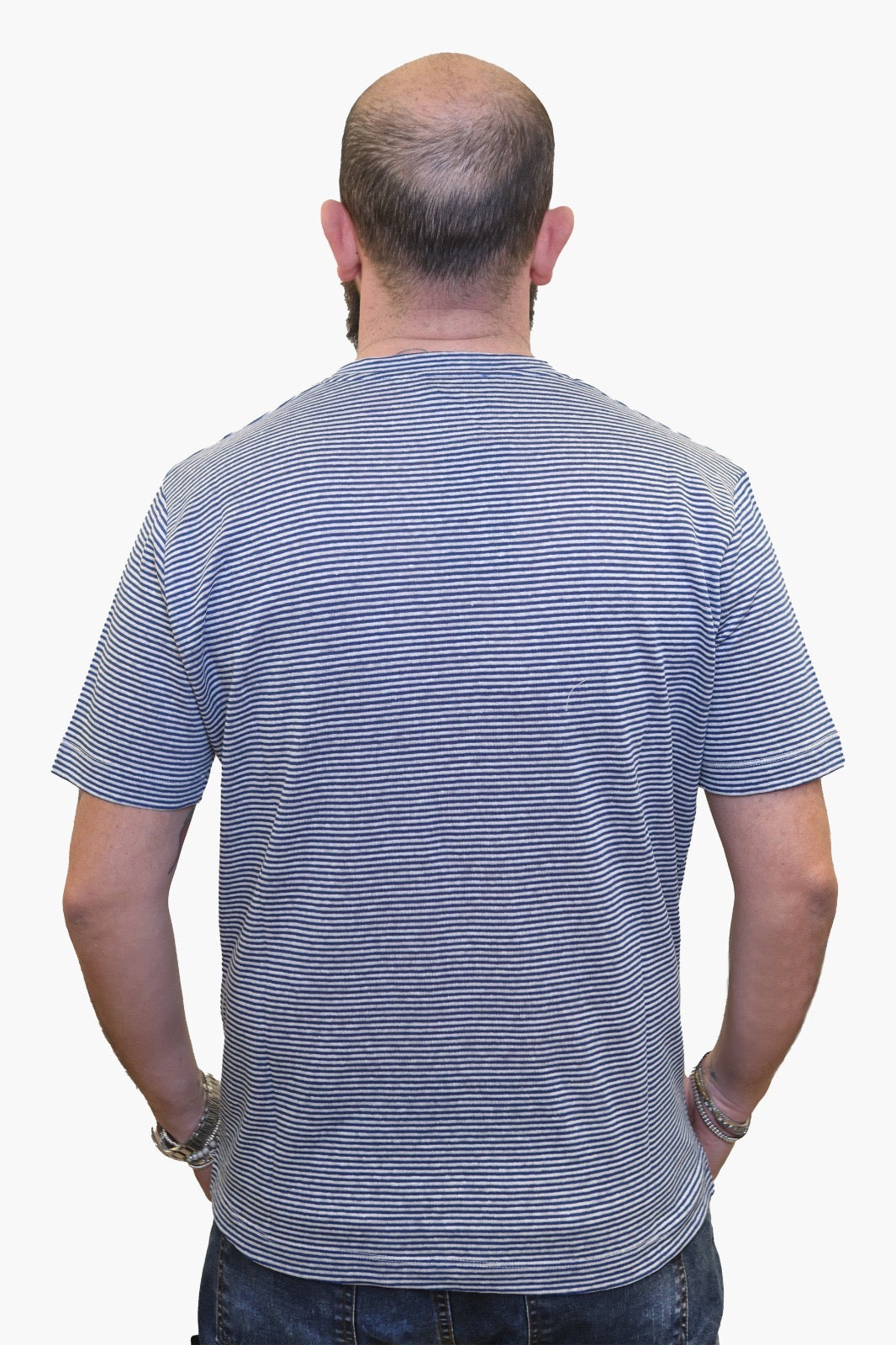 WOOL & CO T-SHIRT MILLERIGHE IN COTONE-LINO BIANCO-AZZURRO