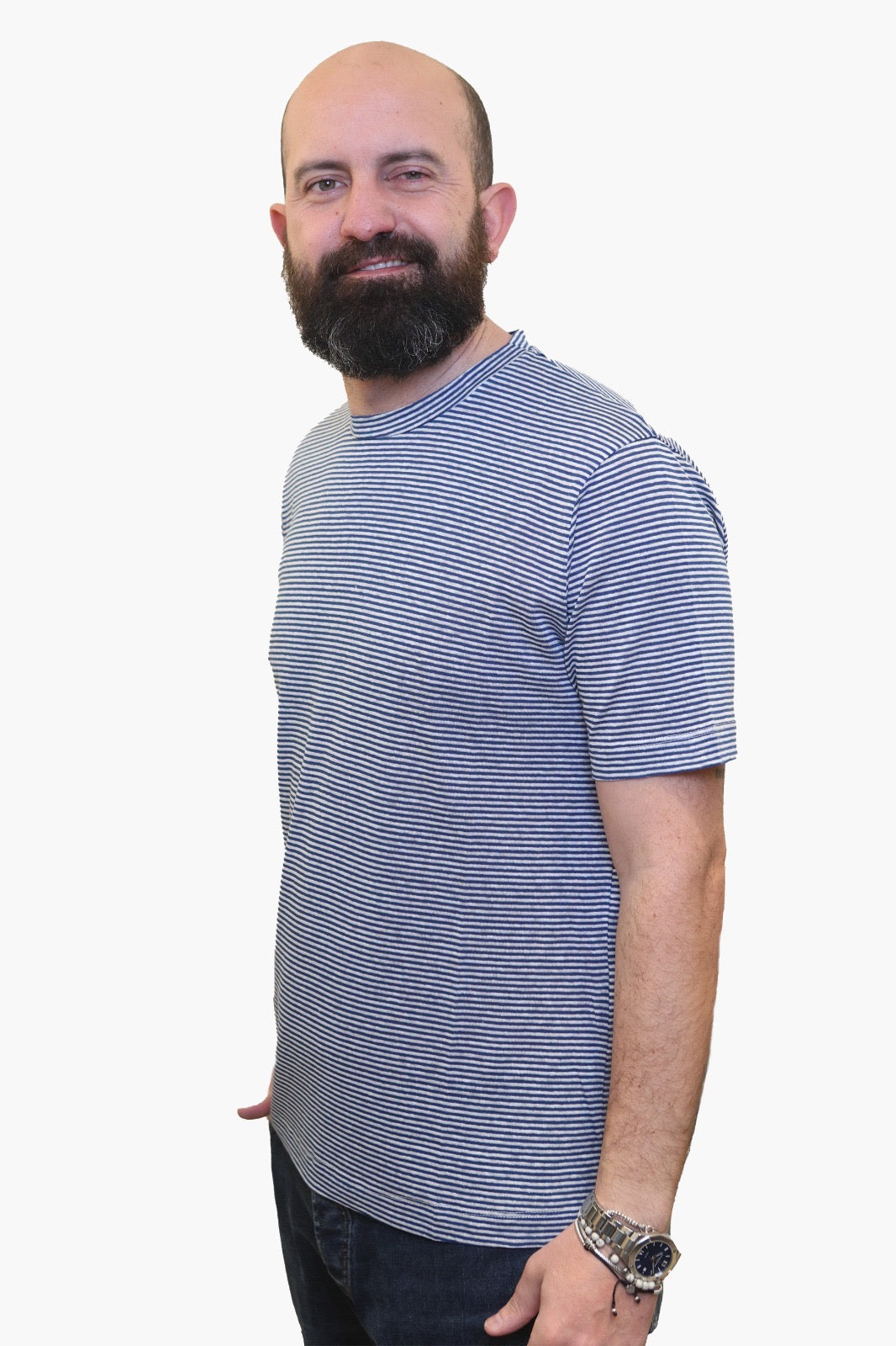WOOL & CO T-SHIRT MILLERIGHE IN COTONE-LINO BIANCO-AZZURRO