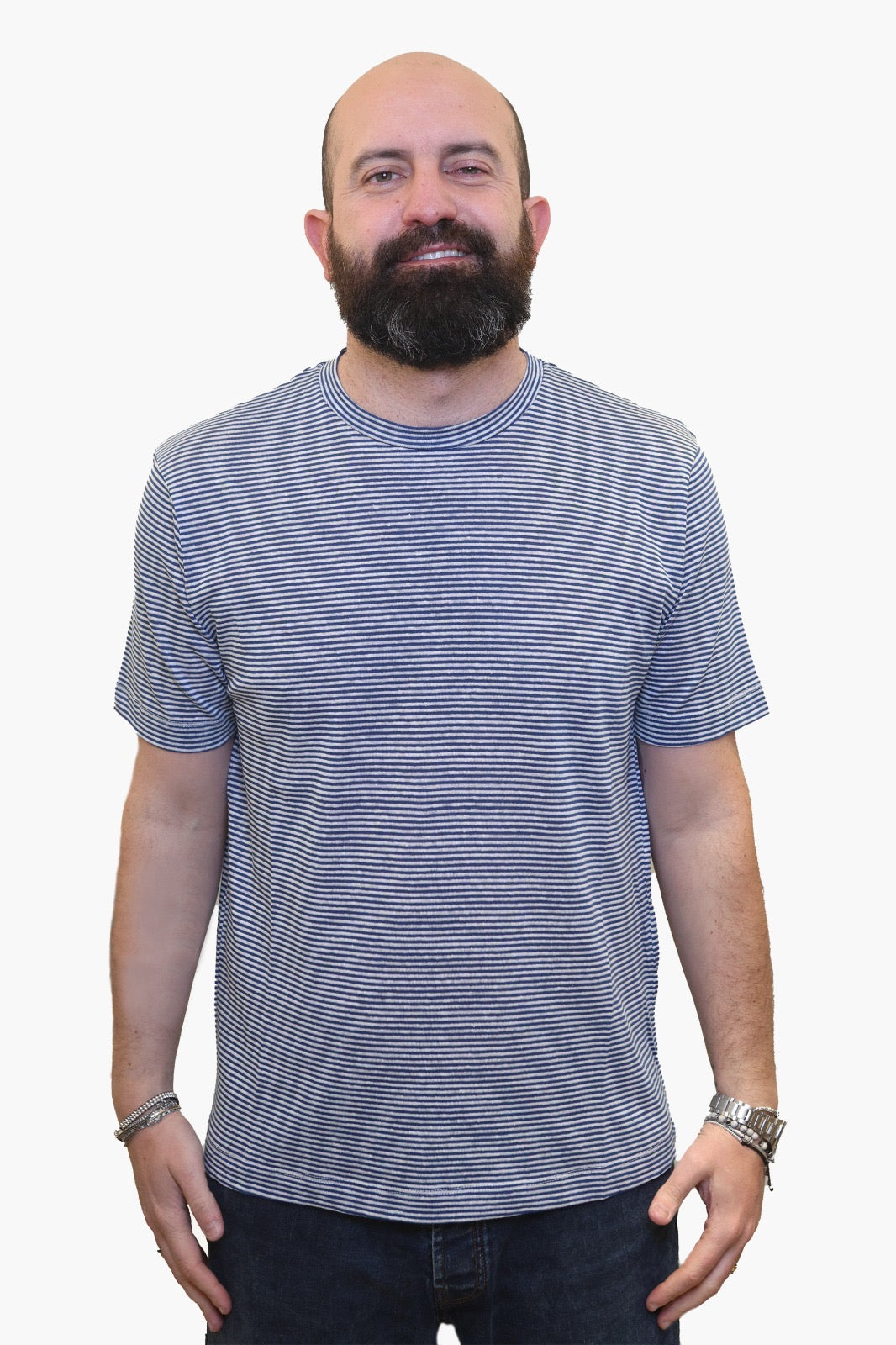 WOOL & CO T-SHIRT MILLERIGHE IN COTONE-LINO BIANCO-AZZURRO