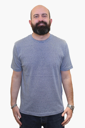 WOOL & CO T-SHIRT MILLERIGHE IN COTONE-LINO BIANCO-AZZURRO