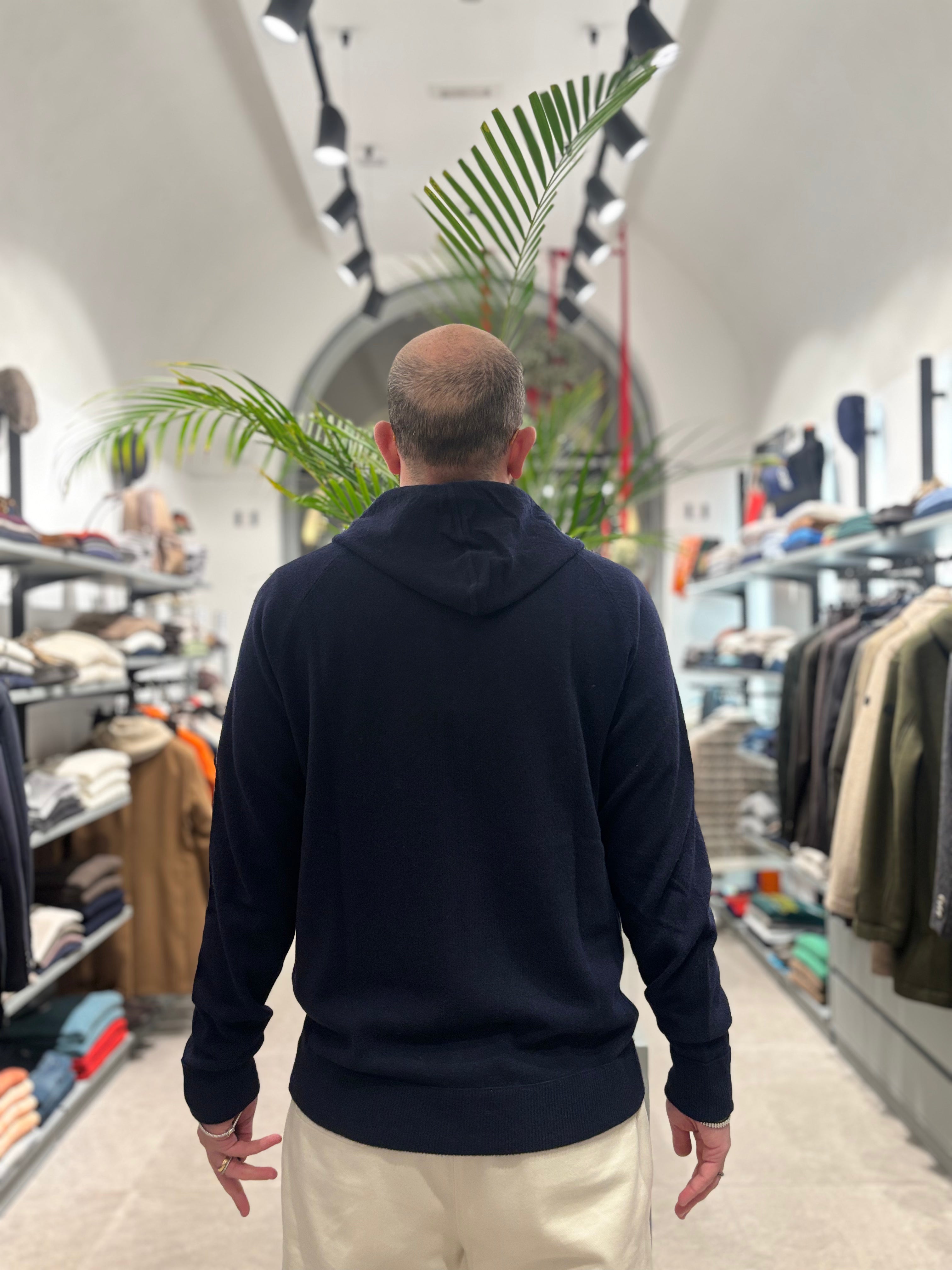 RETOIS FELPA IN LANA CON ZIP E CAPPUCCIO BLU NAVY