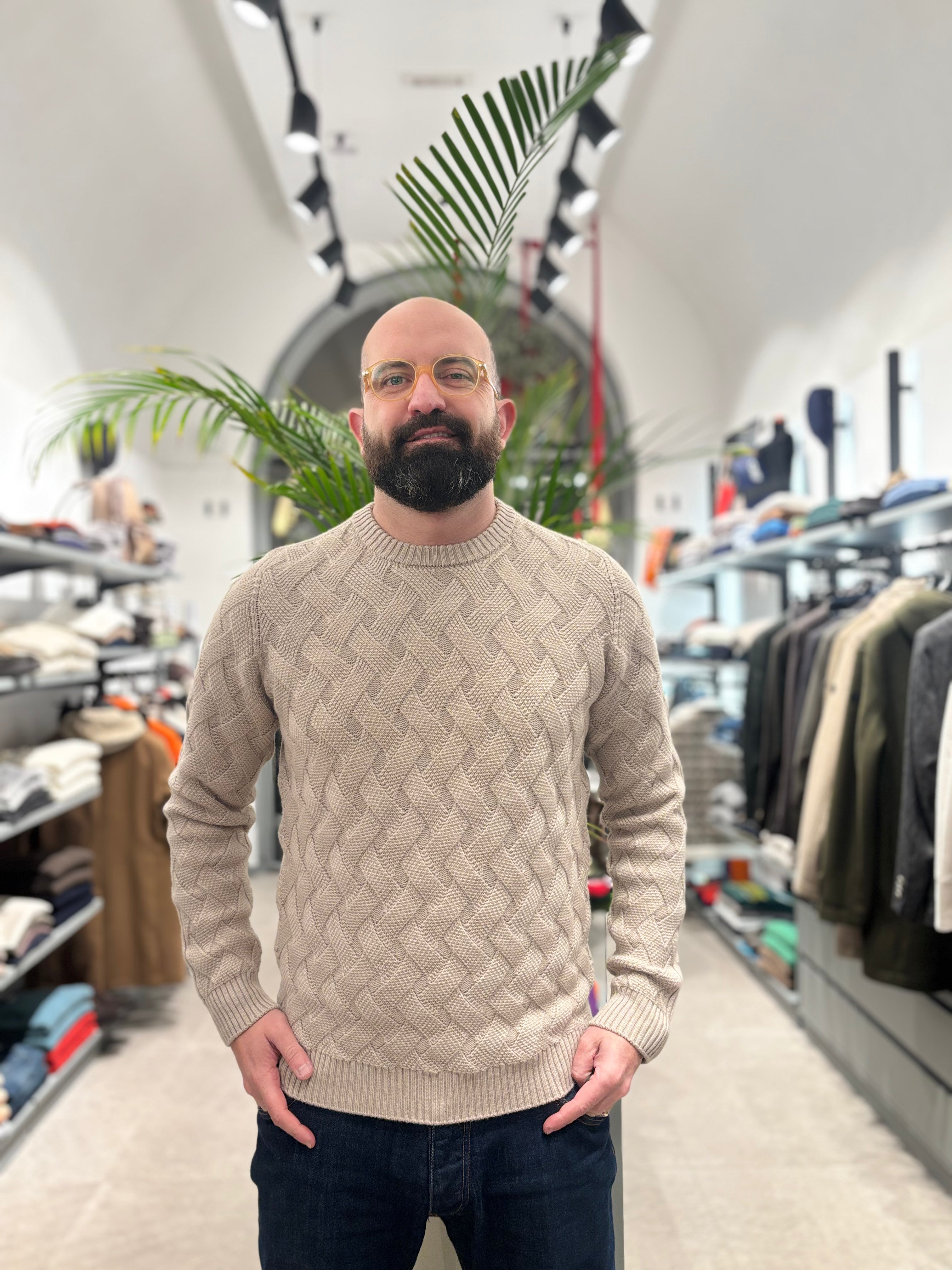 AROVESCIO MAGLIONE IN LANA PUNTO CANESTRO BEIGE