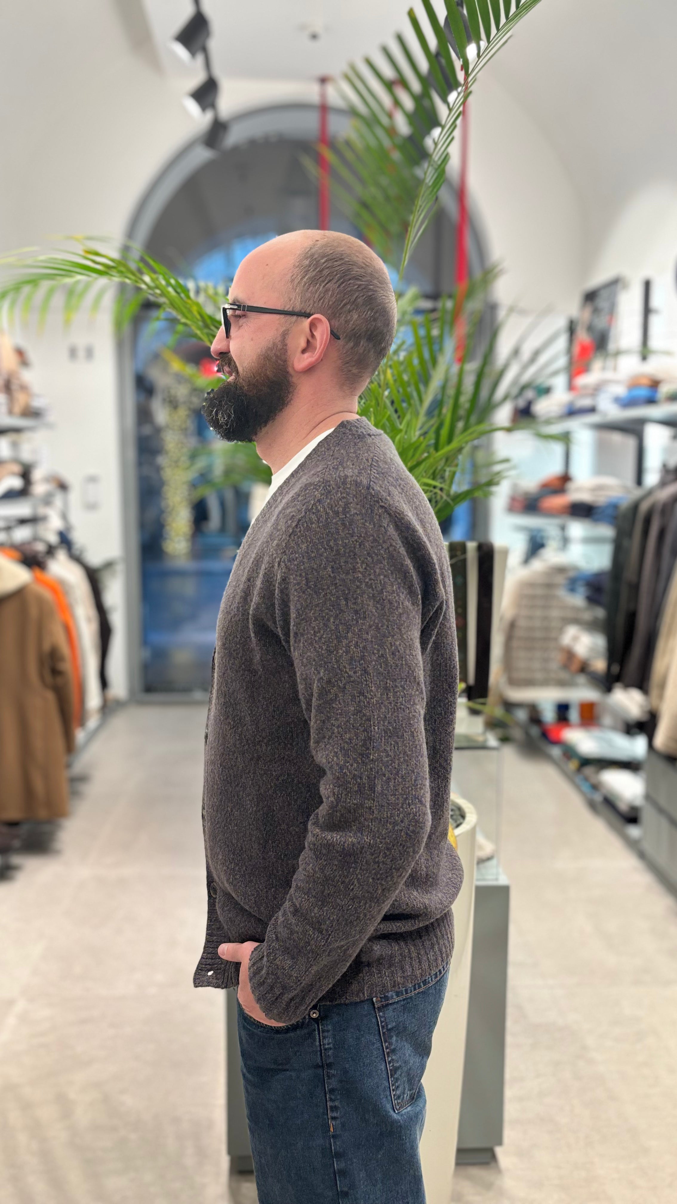 RETOIS CARDIGAN MOULINE’ IN LANA BLU-MORO