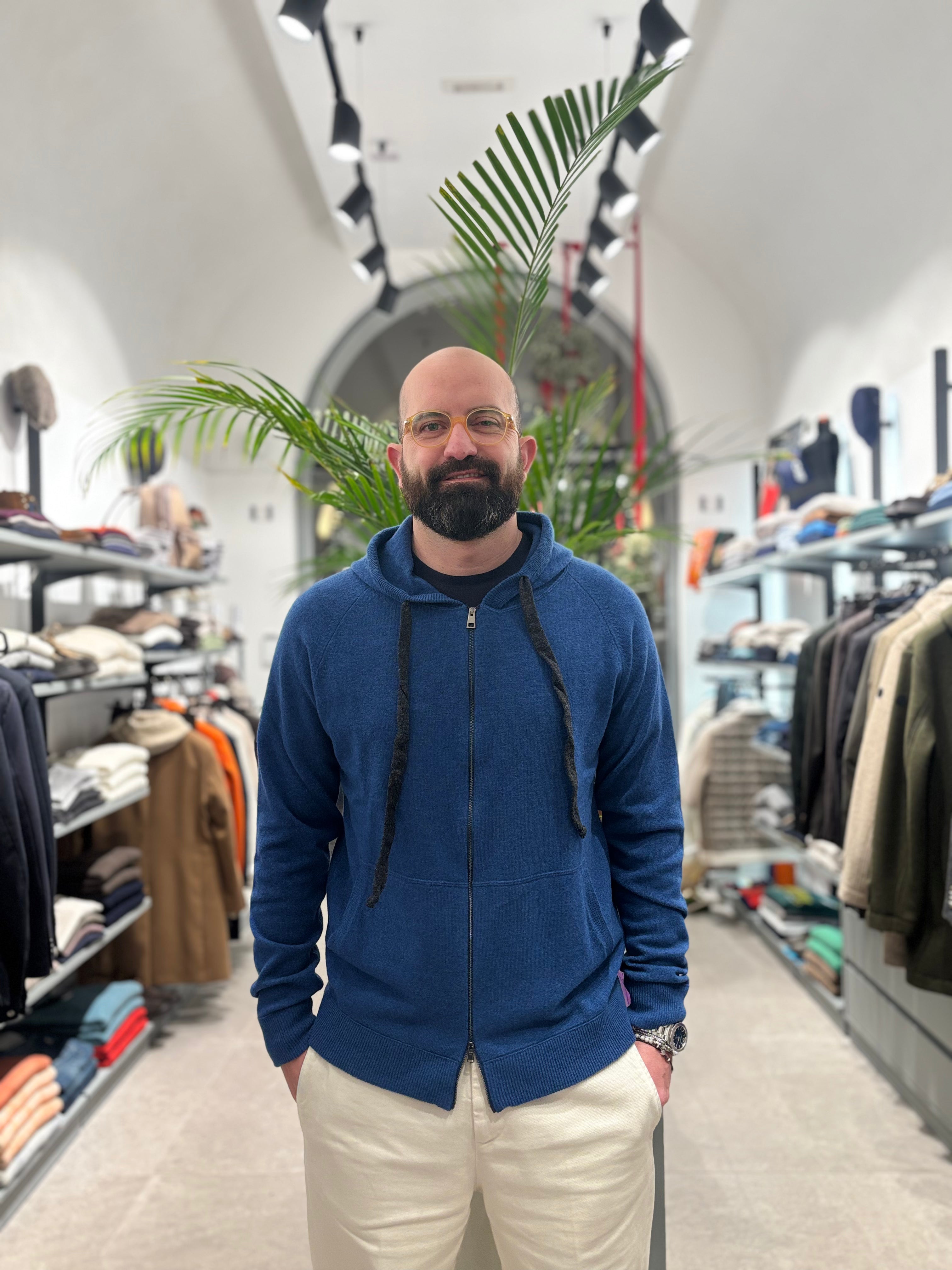 RETOIS FELPA IN LANA CON ZIP E CAPPUCCIO COBALTO