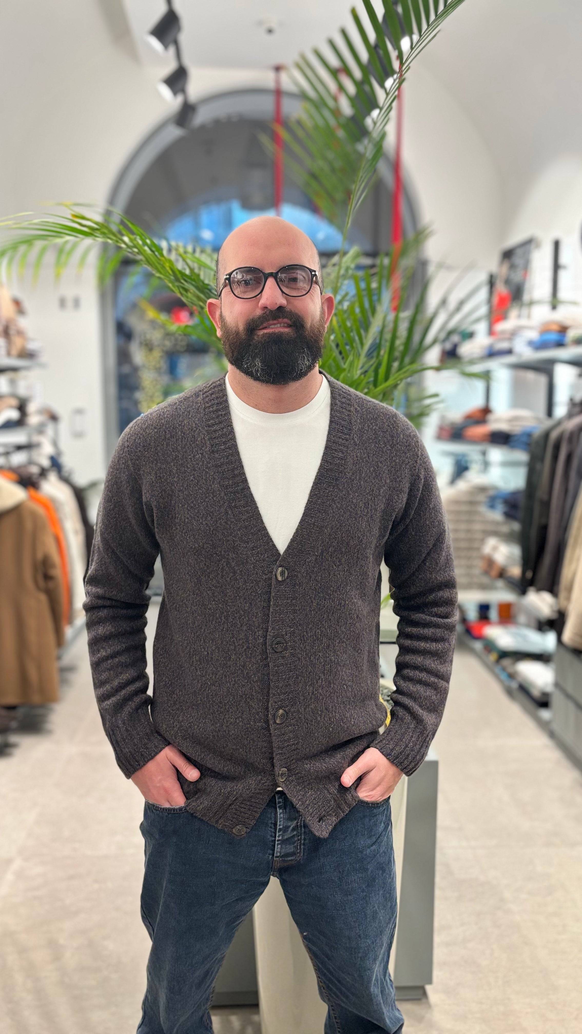 RETOIS CARDIGAN MOULINE’ IN LANA BLU-MORO