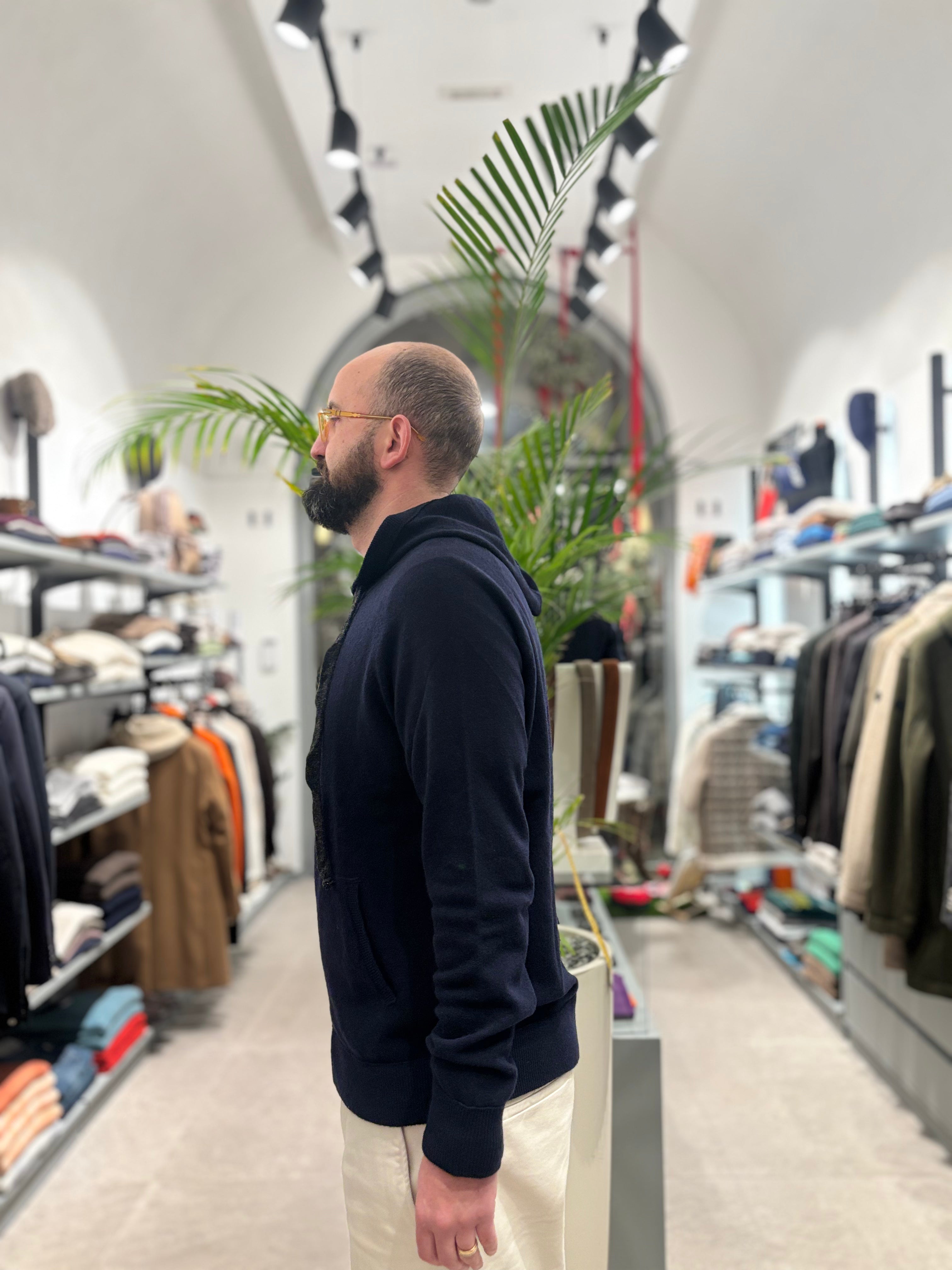 RETOIS FELPA IN LANA CON ZIP E CAPPUCCIO BLU NAVY