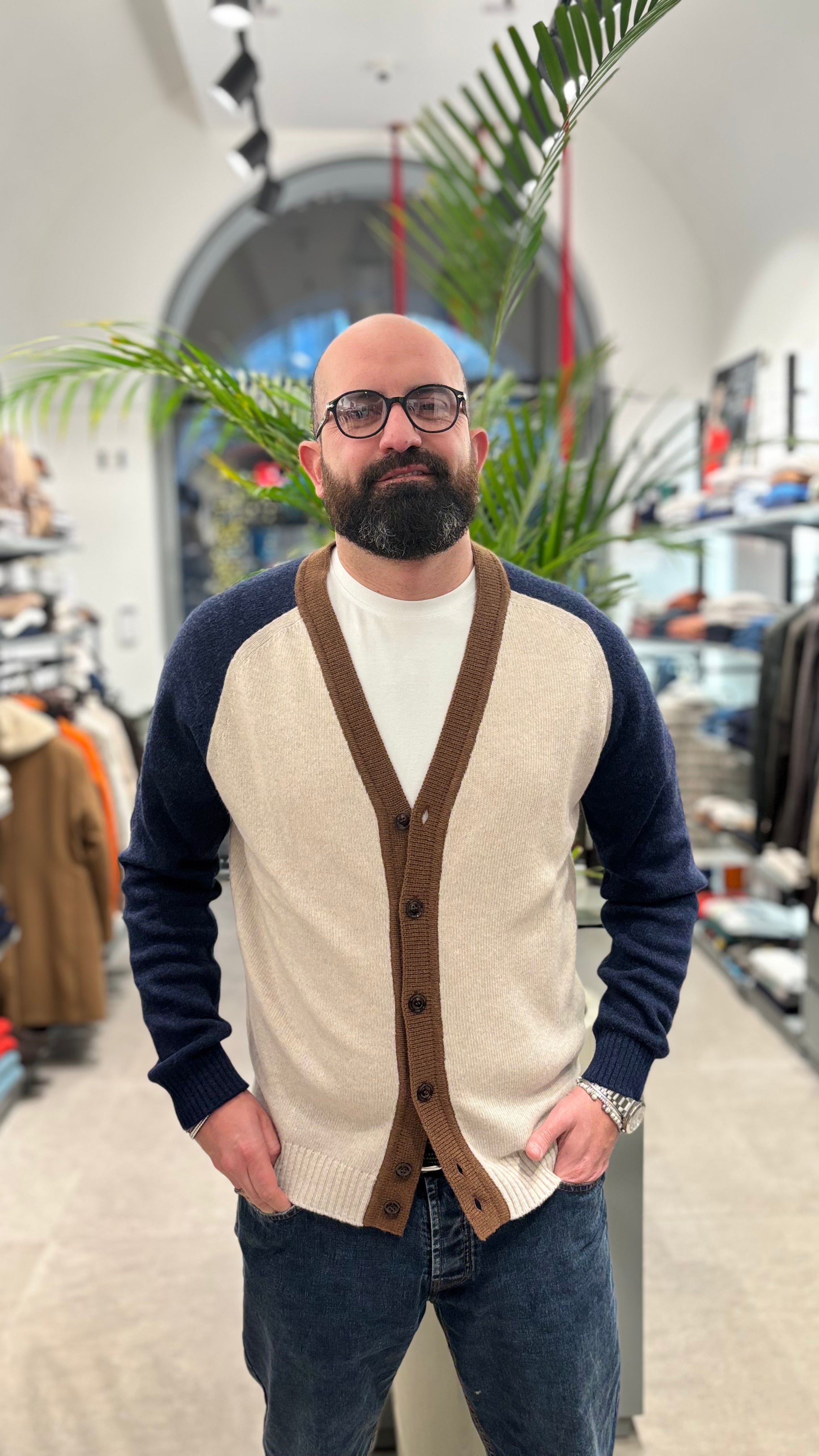 WOOL&CO CARDIGAN MULTICOLOR IN LANA BEIGE-BLU