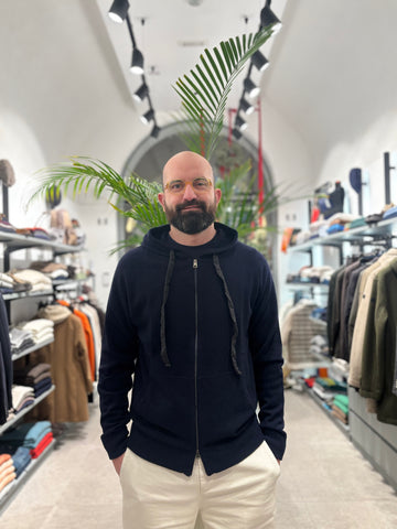 RETOIS FELPA IN LANA CON ZIP E CAPPUCCIO BLU NAVY