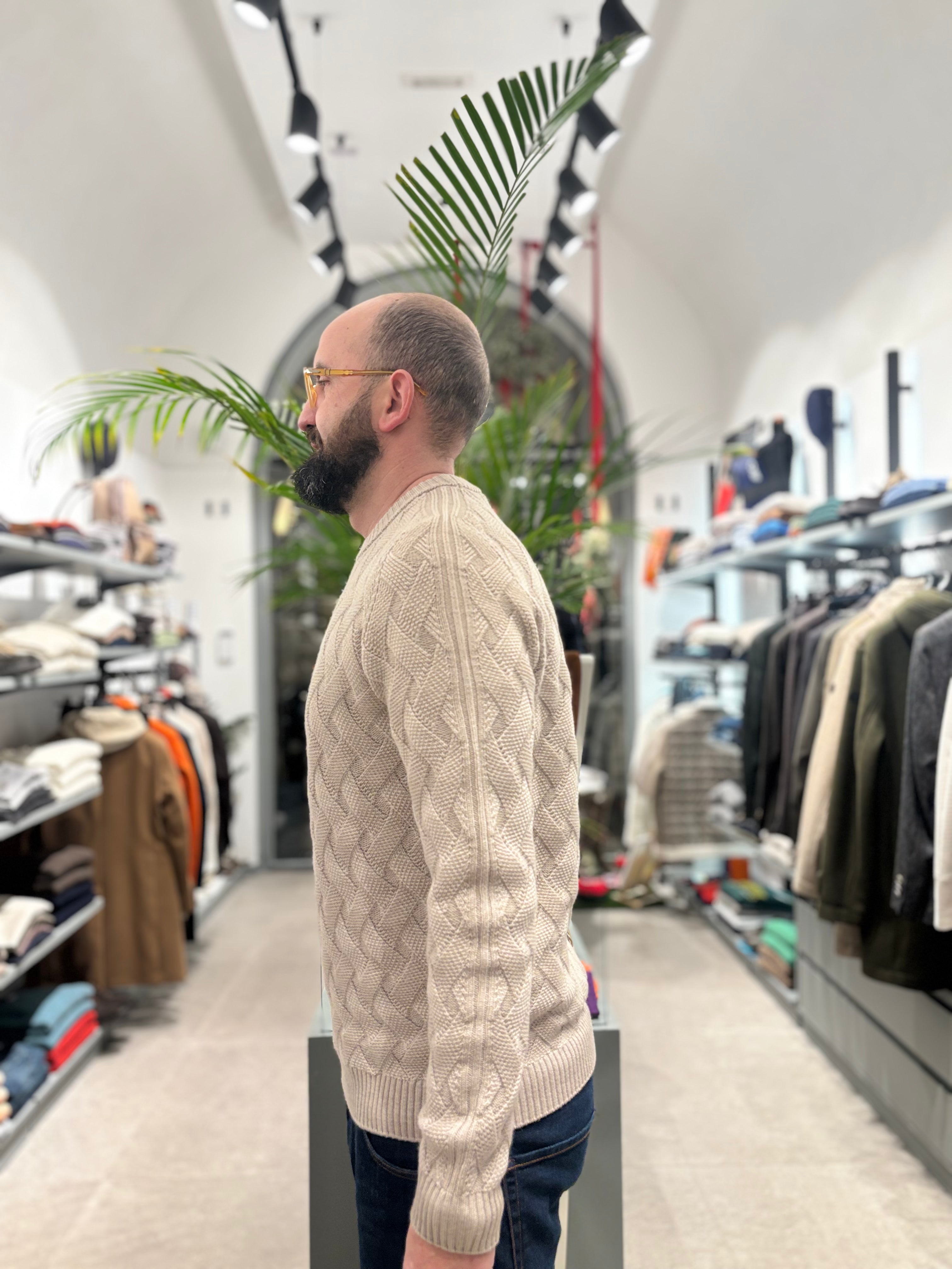 AROVESCIO MAGLIONE IN LANA PUNTO CANESTRO BEIGE