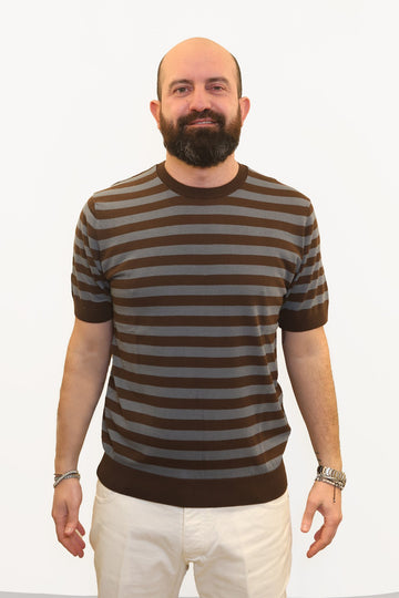 RETOIS T-SHIRT A RIGHE IN FILO DI COTONE MORO/PETROLIO