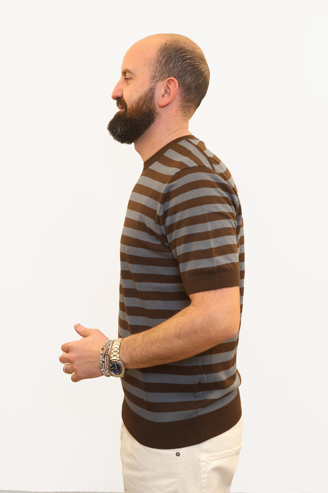 RETOIS T-SHIRT A RIGHE IN FILO DI COTONE MORO/PETROLIO