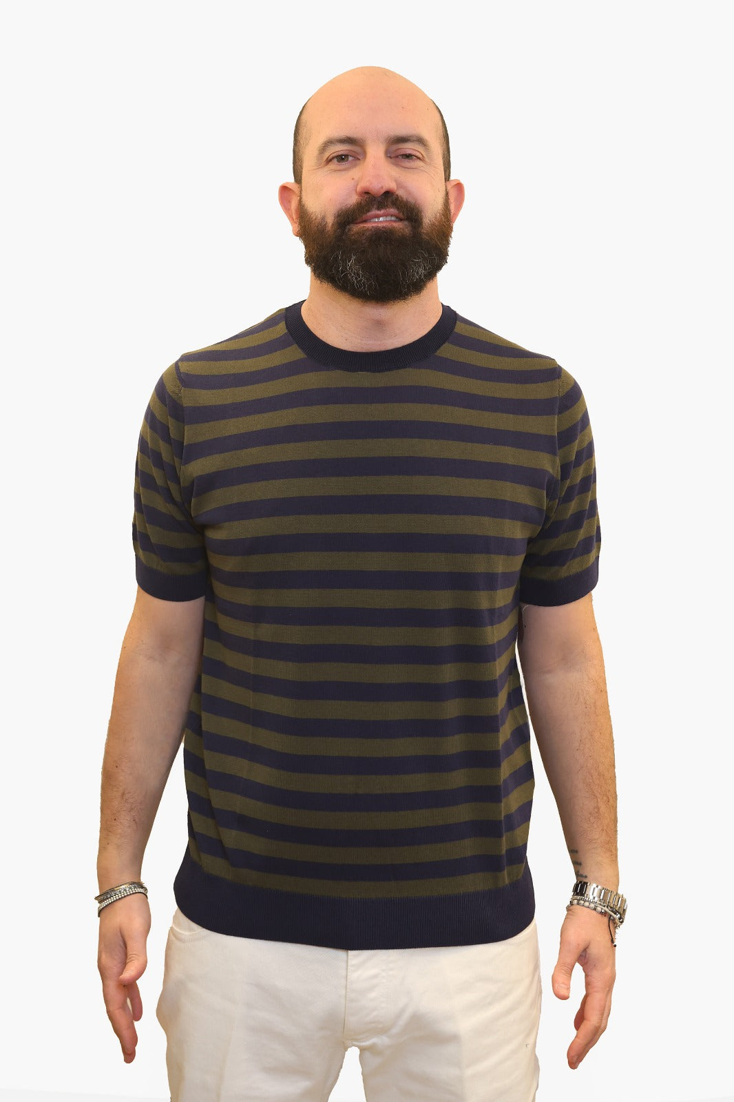 RETOIS T-SHIRT A RIGHE IN FILO DI COTONE VERDE-BLU