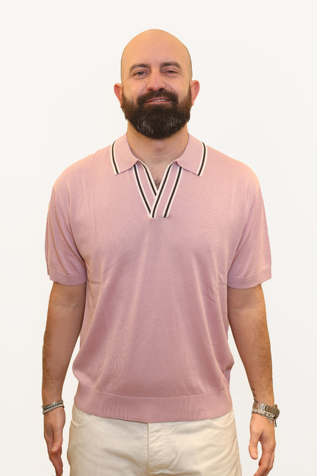 PAOLO PECORA POLO DERBY IN COTONE E SETA ROSA