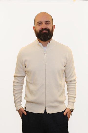 AROVESCIO CARDIGAN ZIP TRAMA PUNTO RISO IN COTONE BIANCO