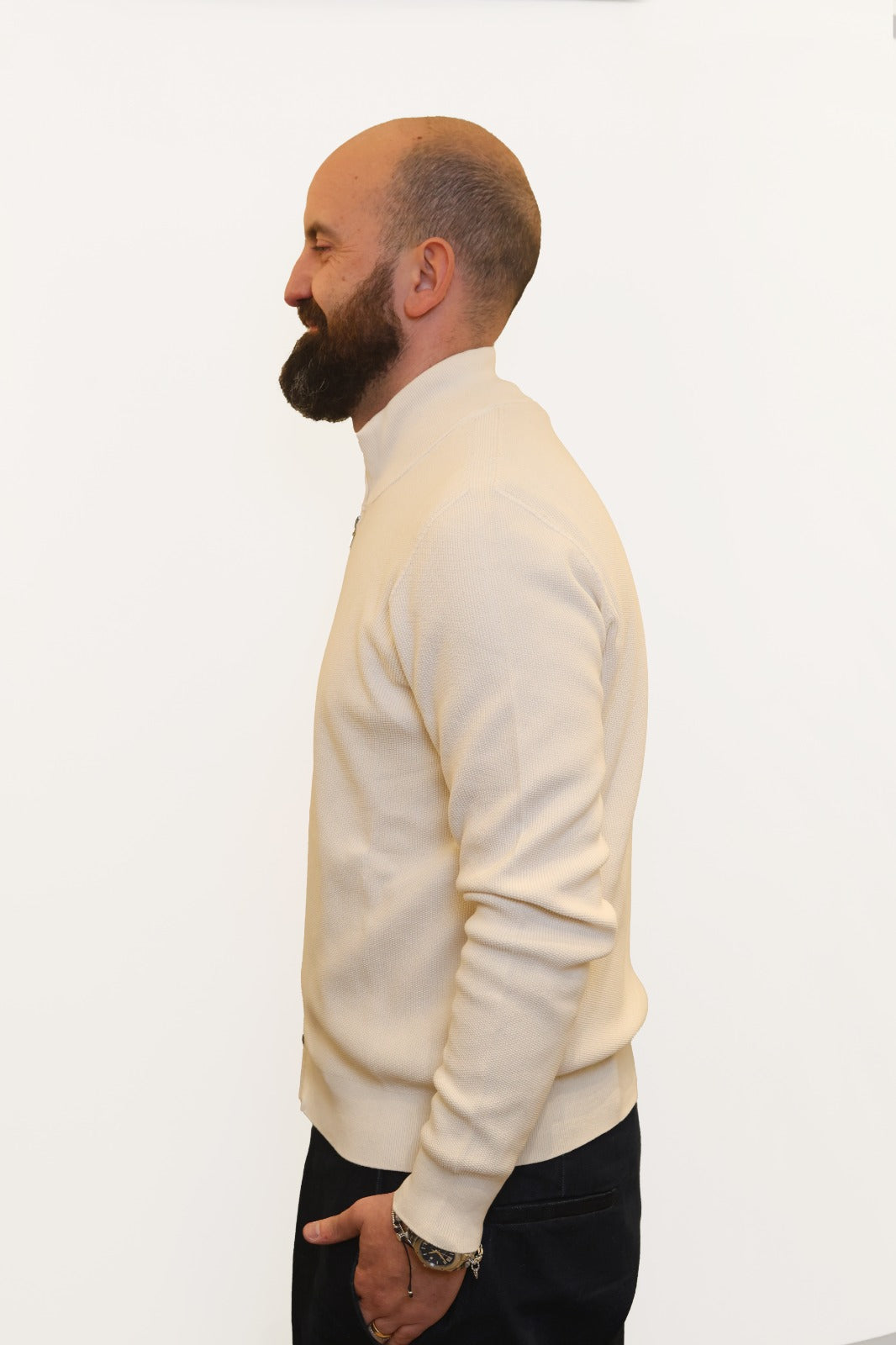AROVESCIO CARDIGAN ZIP TRAMA PUNTO RISO IN COTONE BIANCO