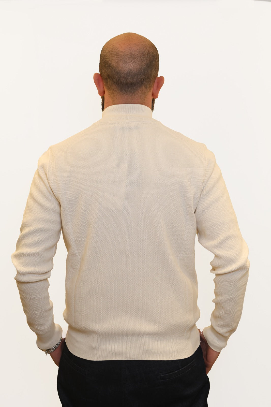 AROVESCIO CARDIGAN ZIP TRAMA PUNTO RISO IN COTONE BIANCO