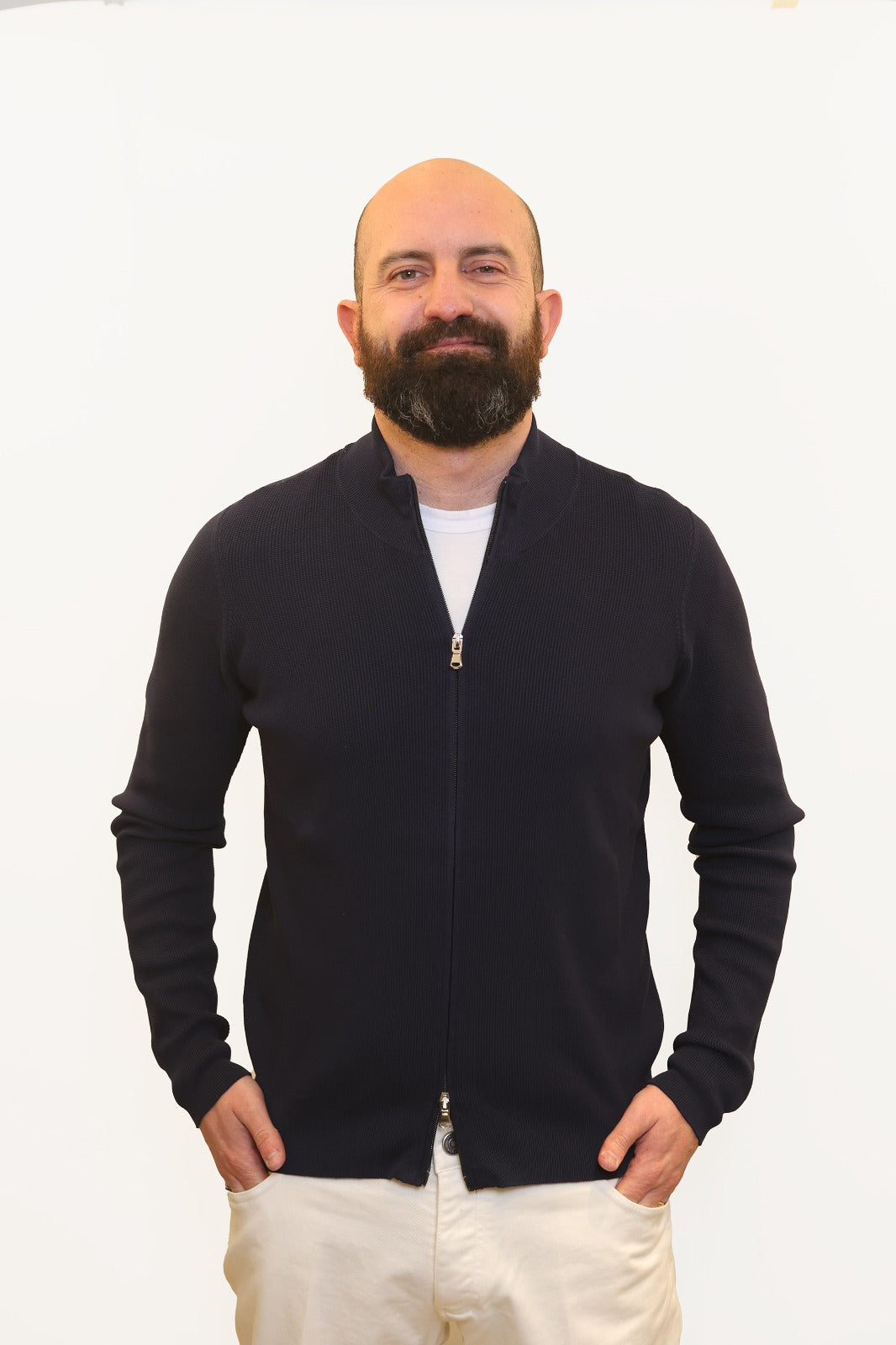 AROVESCIO CARDIGAN ZIP TRAMA PUNTO RISO IN COTONE BLU
